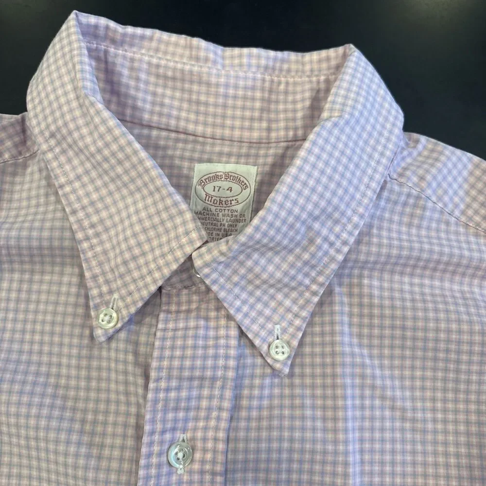 Vtg Brooks Brothers Shirt Mens 17/4 Pink Gray Makers Gingham Plaid USA 6 Button